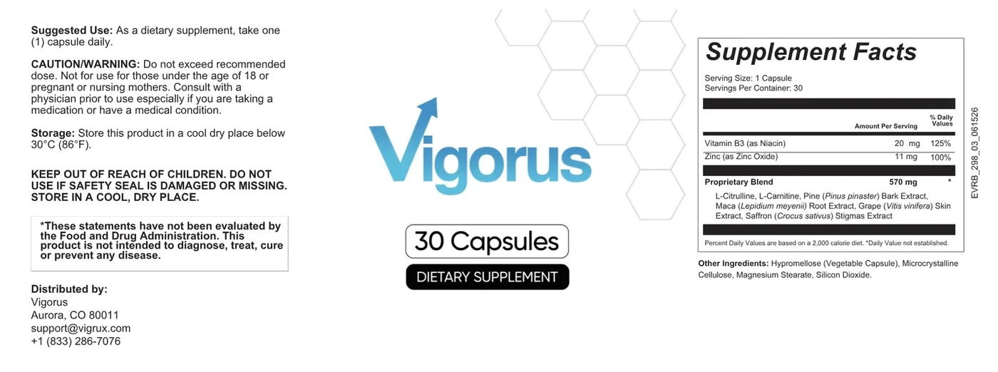 The Vigorus label directions and caution panel: take one capsule daily and do not exceed the recommended dose