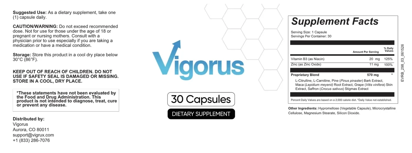 The full printed Vigorus label — suggested use, cautions, distributor, and the Supplement Facts panel listing Vitamin B3 20 mg, Zinc 11 mg and a 570 mg proprietary blend