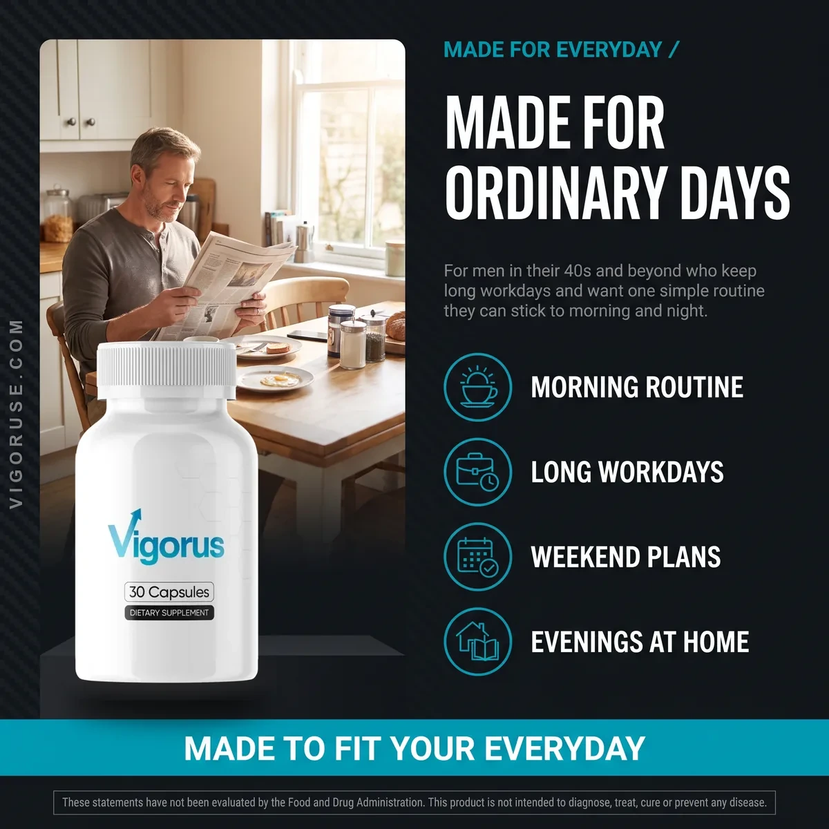 Vigorus men's supplement bottle beside a man at a kitchen table on an ordinary weekday morning